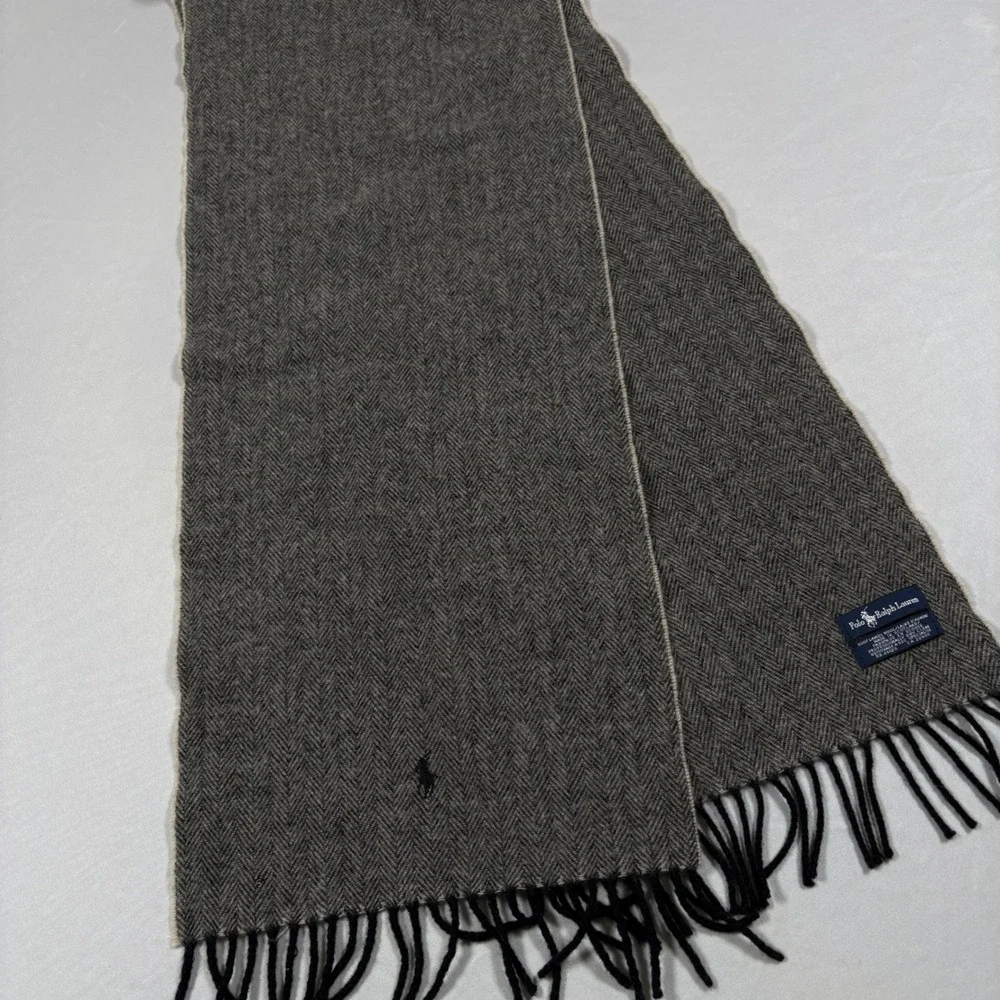 Polo Ralph Lauren Scarf Mens OS Grey Herringbone Lambswool Tassel Fringe EUC